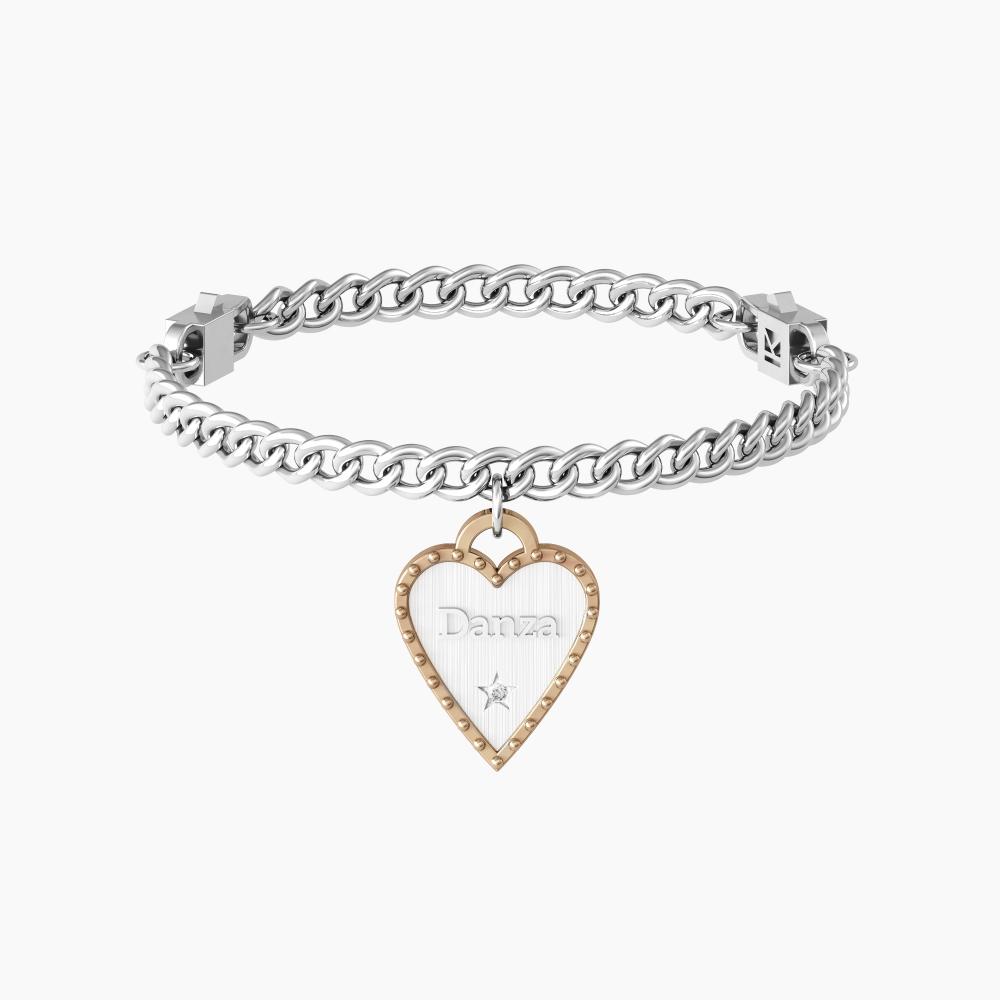Bracciale Donna KIDULT Amica | Acciaio 316L Con PVD Nero E Cristallo | Catena Groumette E Ciondolo A Cuore Borchiato | Misura Small Regolabile