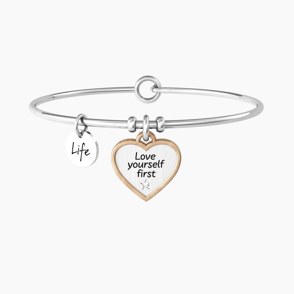 Bracciale Rigido KIDULT Con Ciondolo Tondo E Cuore - Acciaio 316L Con PVD Oro E Cristallo - Scritta Romantica