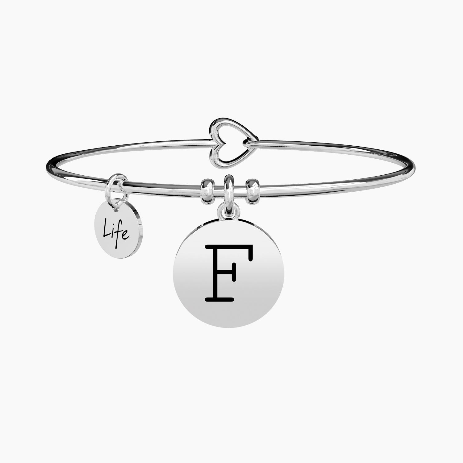 Bracciale A Cavo Con Lettera F E Cuore – Iniziale Del Nome, Regolabile, Gioiello Donna In Argento