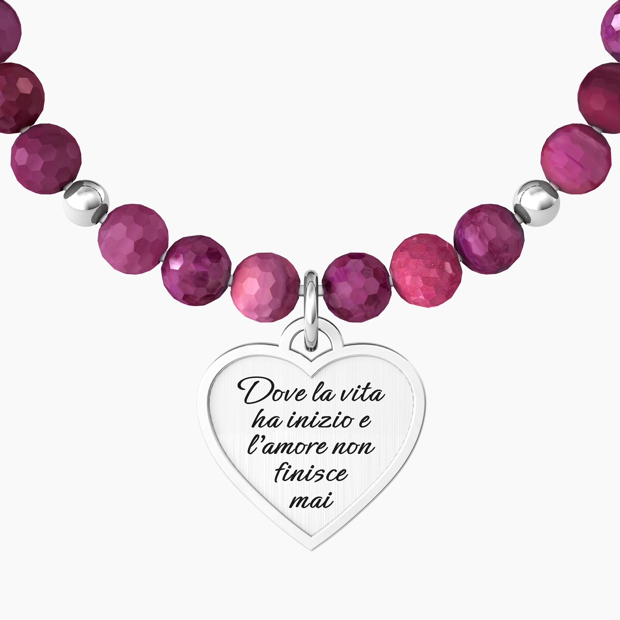 KIDULT Bracciale Donna In Agata Fucsia Con Teschio Messicano – Acciaio 316L E Cristallo, 17-18 Cm