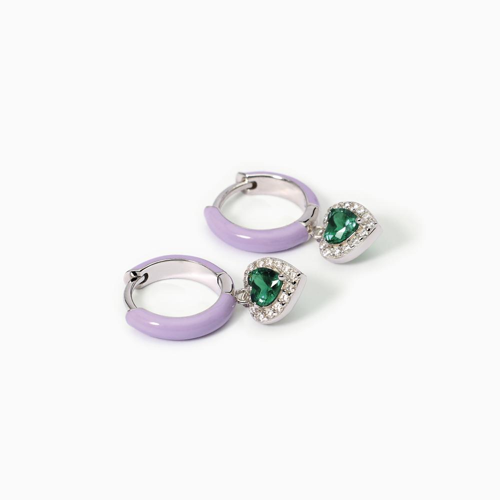 Orecchini a cerchio in argento con smalto viola e smeraldo sintetico