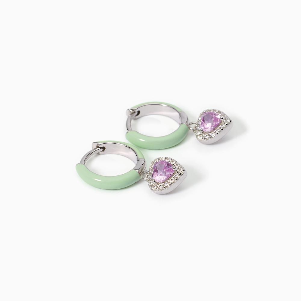 Orecchini a cerchio in argento con smalto verde e zircone rosa