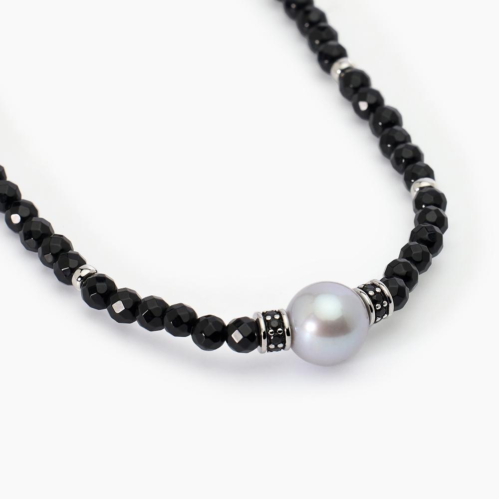 Collana in argento con agata nera e perla grigia