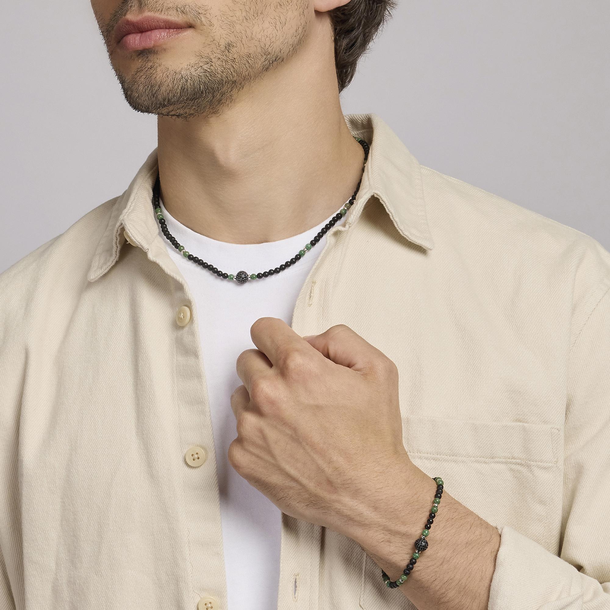 Sixtystones Bracciale Uomo Donna In Pietre Naturali Agata Nera E Diaspro Verde – Girocollo 18 Cm – Fatto A Mano