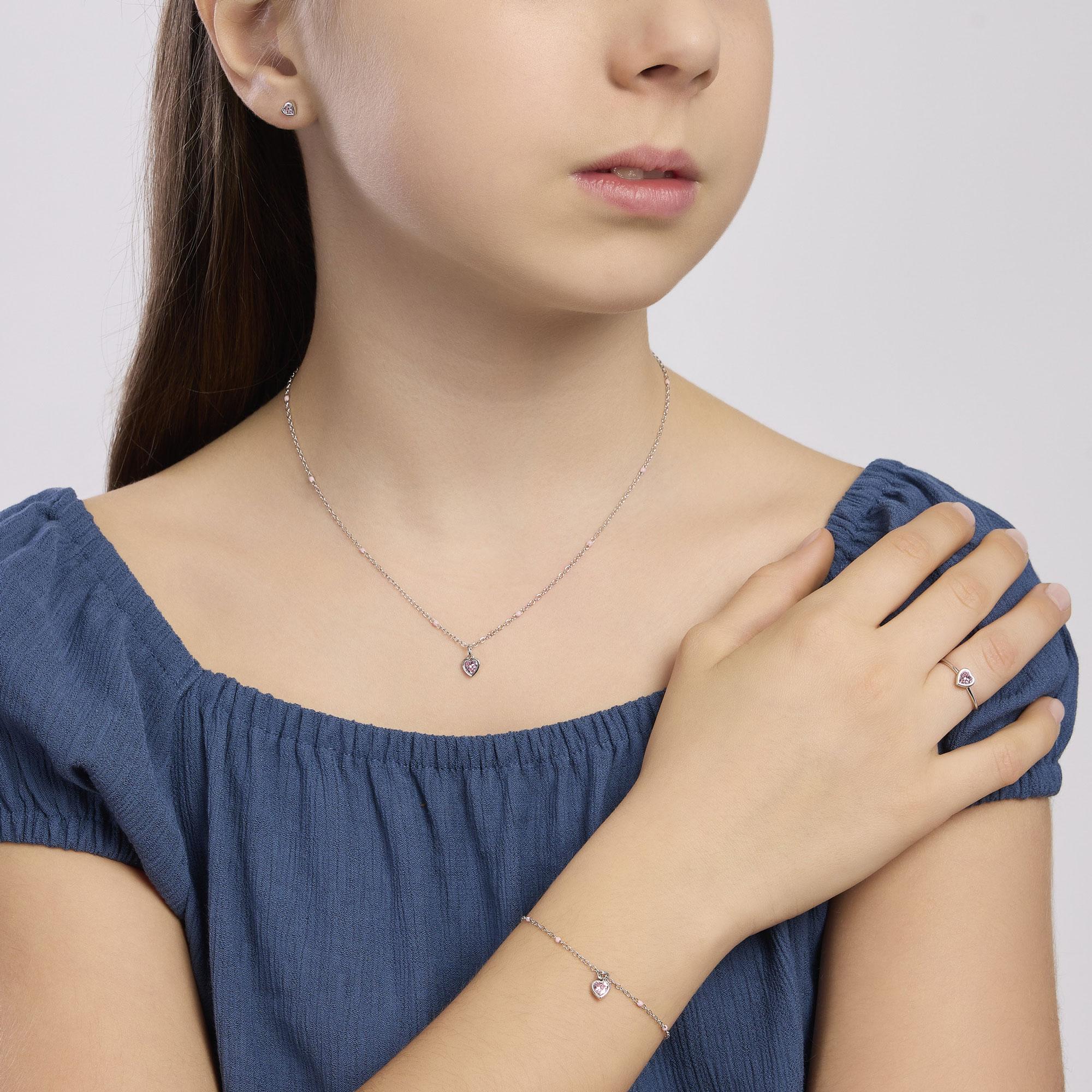 Orecchini Bimba A Monachella Con Cuore Rosa E Zirconi - Argento 925 - 21x7 Mm