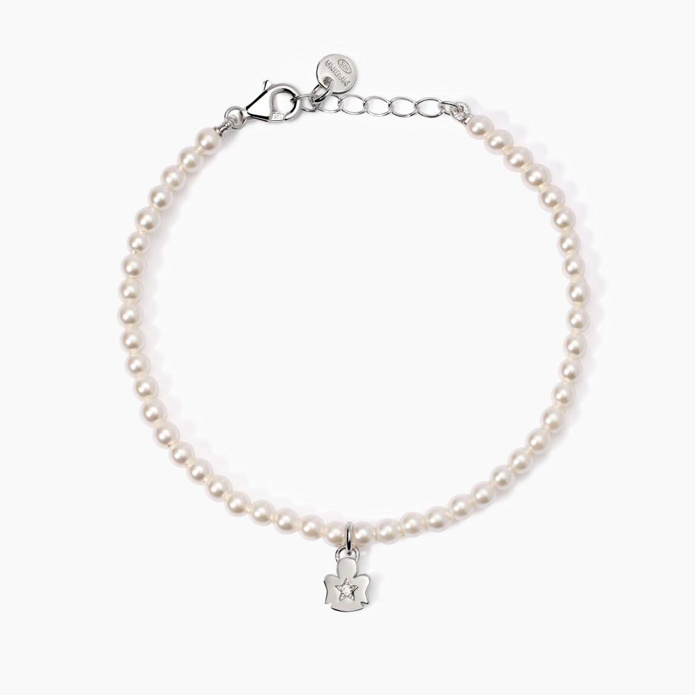 Bracciale Di Perle Bianche In Argento 925 Per Mamma E Figlia - Regolabile 19 Cm Con Perle Di Conchiglia 5 Mm - Gioiello Ipoallergenico