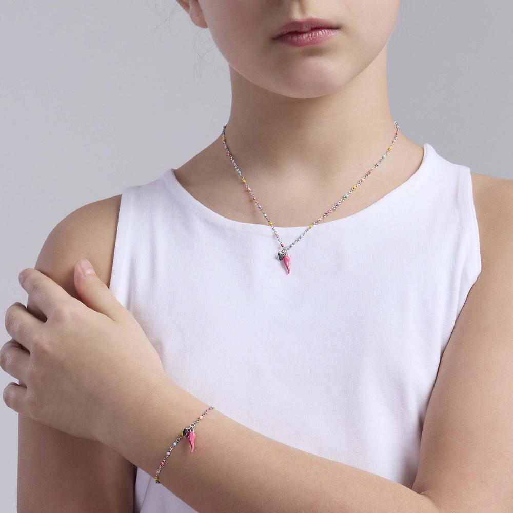 Bracciale multicolor con cornetto rosa