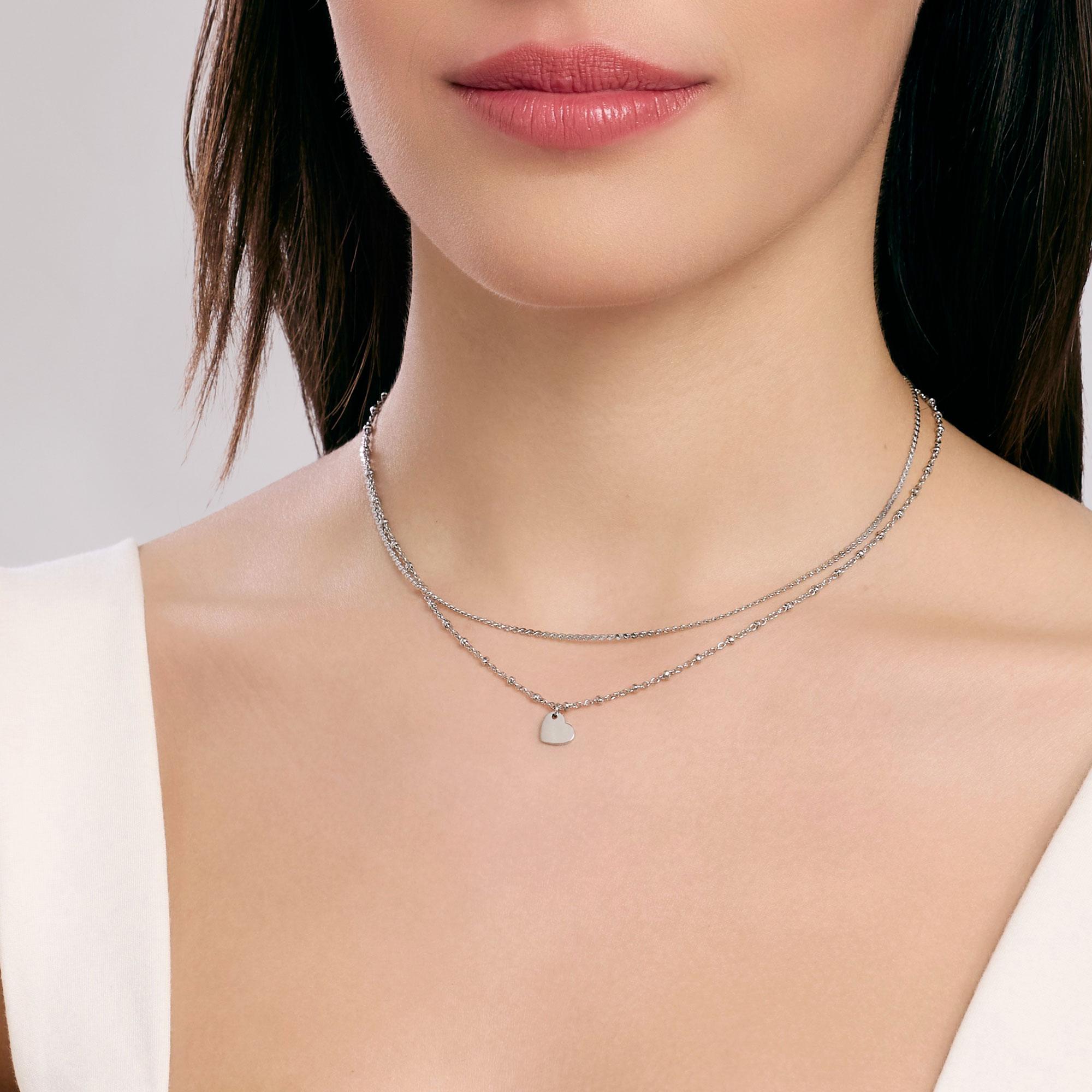 Collana Doppia Kidult Love Lucchetto REF. 751126 - Acciaio Rosa, Catenina Con Perline E Charm Chiave, Lucchetto Smaltato, 45 Cm