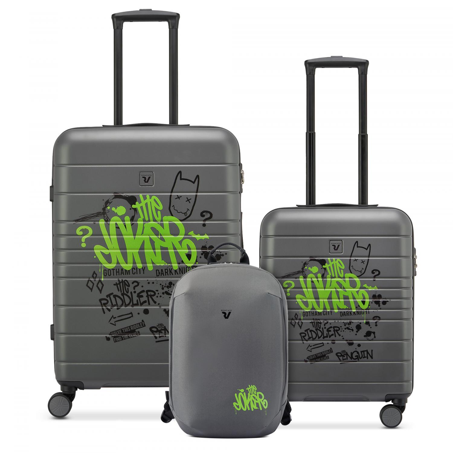 Roncato Dc Comics Set Valigie (medio, Cabina, Zaino Da Viaggio) - Joker