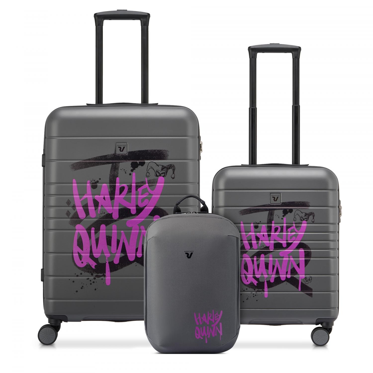 Roncato Dc Comics Set Valigie (medio, Cabina, Zaino Da Viaggio) - Harley Quinn