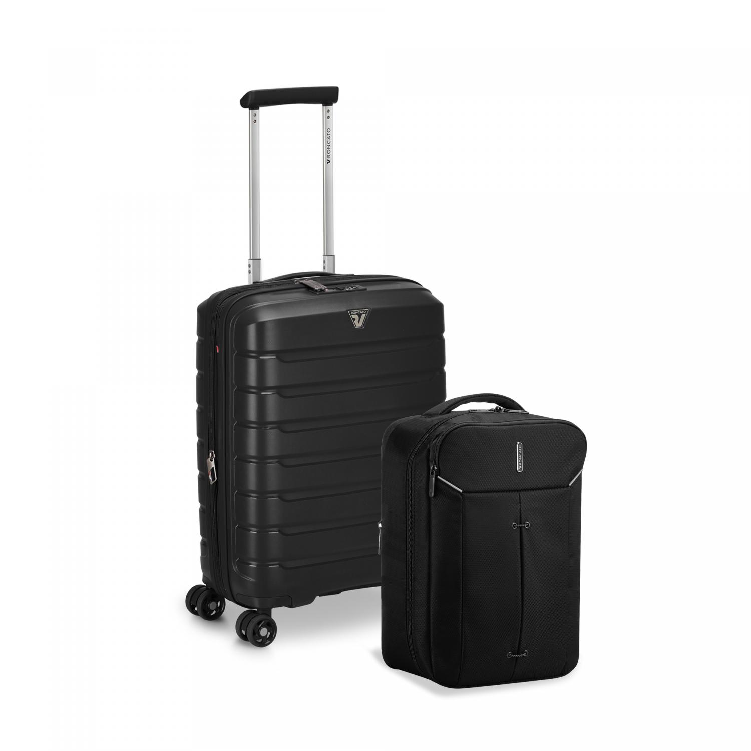 B-FLYING Cabin spinner 55x40x20/25 cm Expandable - Black - IRONIK 2.0 Ryanair Travel backpack 40x25x15/20 cm Expandable - Black