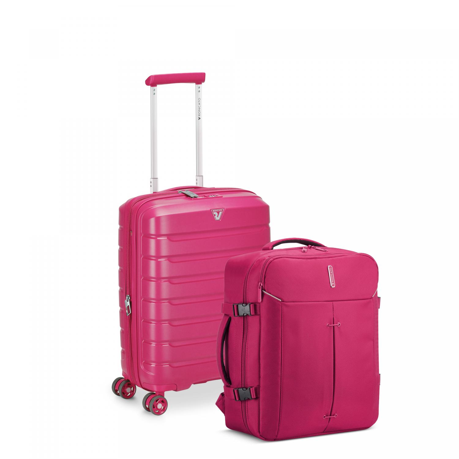 B-FLYING Cabin spinner 55x40x20/25 cm Expandable - Magenta - IRONIK 2.0 Easyjet Travel backpack 45x36x20 cm - Magenta